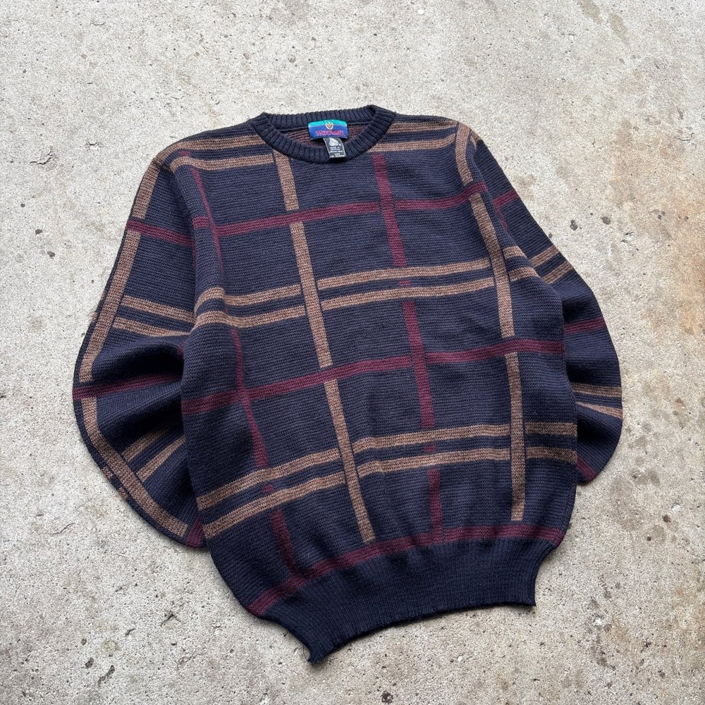 Woodward Mens XL Merino Wool Sweater Navy Blue Plaid Crewneck Made in Uruguay